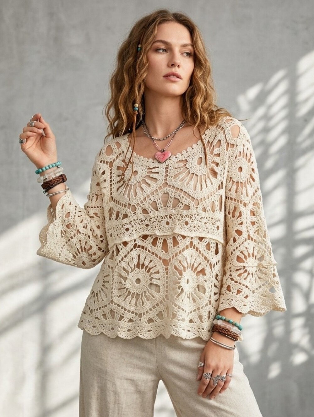 POL Boho Granny Square Crochet Knit Bell Sleeve Festival Sweater Top One Size
